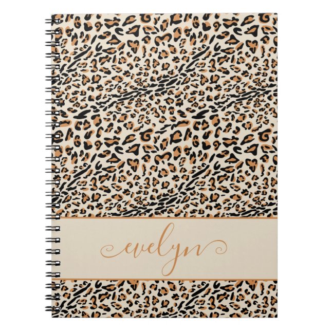 Caderno Espiral Leopard Animal Print Cream Black Tan Personalizado (Frente)