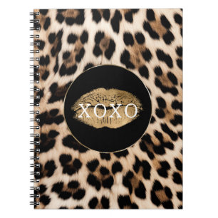 Caderno Espiral Leopard Imprimir Lábios Dourados XOXO