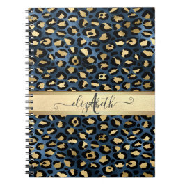 Caderno Espiral Leopard Padrão Monograma Dourado Azul