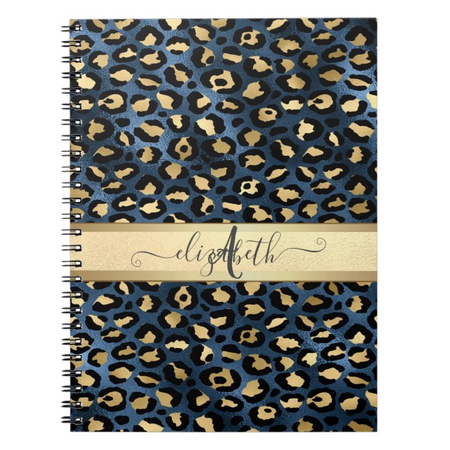 Caderno Espiral Leopard Padrão Monograma Dourado Azul (Frente)