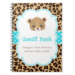 Caderno Espiral Leopard Print Blue Quatrefoil Birthday Party
