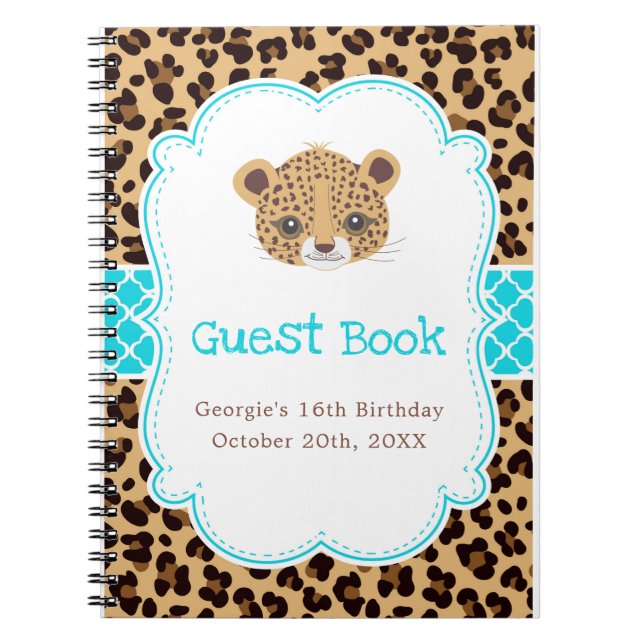 Caderno Espiral Leopard Print Blue Quatrefoil Birthday Party (Frente)