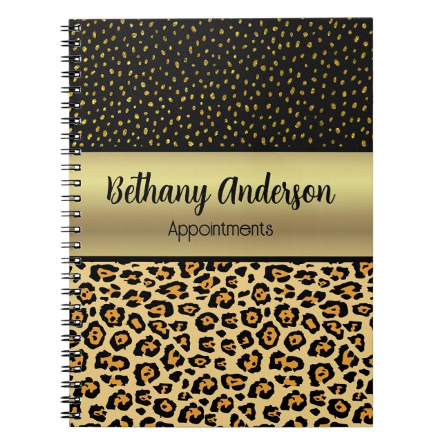 Caderno Espiral Leopard Print, Faux Dourado notebook personalizado (Frente)