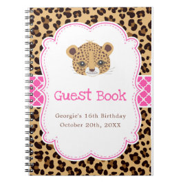 Caderno Espiral Leopard Print Pink Quatrefoil Birthday Guest Book