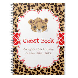 Caderno Espiral Leopard Print Red Quatrefoil Birthday Guest Book