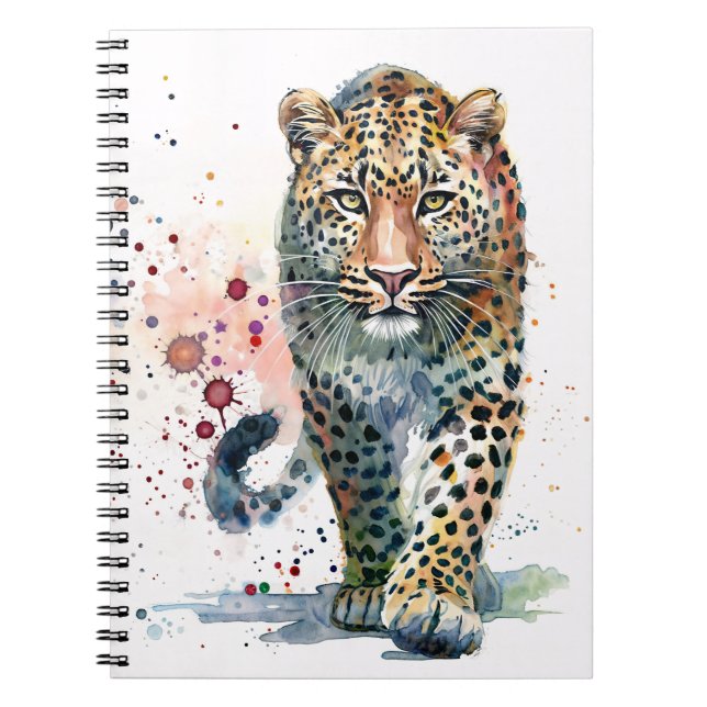 Caderno Espiral Leopard Walking Paint Splatter Watercolor Notebook (Frente)