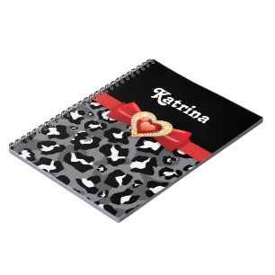 Caderno Espiral Leopardo branco preto glamoroso, arco vermelho &