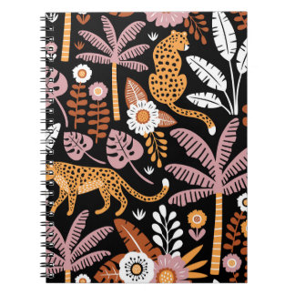 Caderno Espiral Leopards Palms Vintage Padrão sem costura