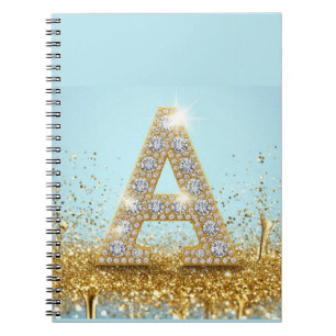 Caderno Espiral Letra A de Diamante de Luxo em Fundo de Brilho Dou