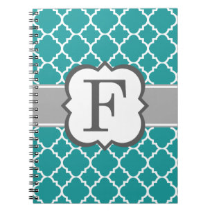 Caderno Espiral Letra Azul Teal Monograma F Quatrefoil