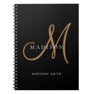 Caderno Espiral Letra de monograma preto e dourado elegante e sofi