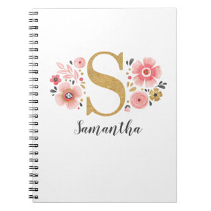 Caderno Espiral Letra Dourada Elegante Monograma Floral S