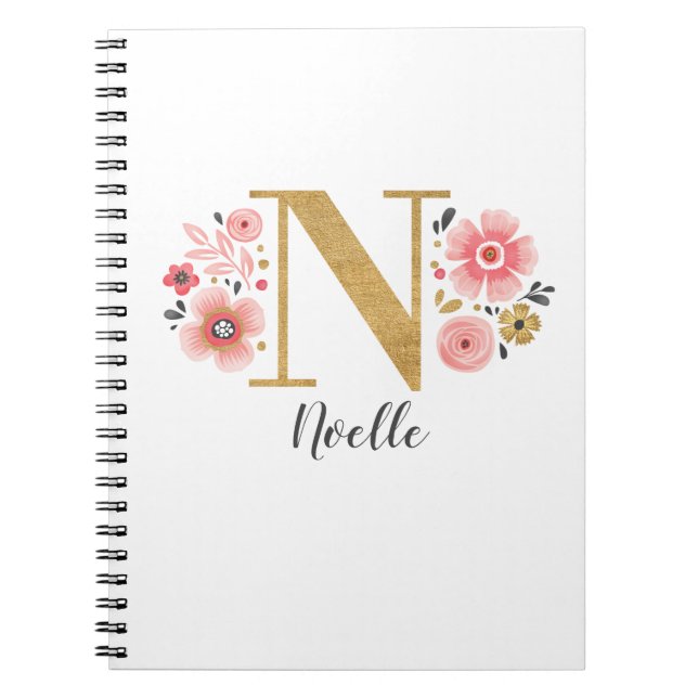 Caderno Espiral Letra Dourada rosa monograma floral N (Frente)