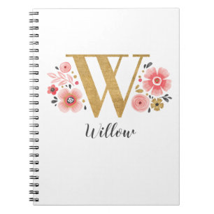 Caderno Espiral Letra Dourada Rosa Monograma Floral W