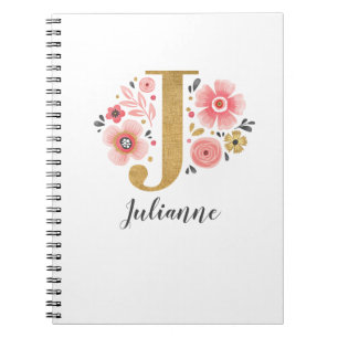 Caderno Espiral Letra Elegante Dourada Floral Monograma Inicial J