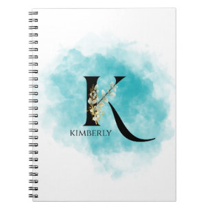 Caderno Espiral Letra Elegante Monograma K Flor Dourada Teal
