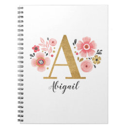 Caderno Espiral Letra floral A branco Elegante, cor-de-rosa, monog