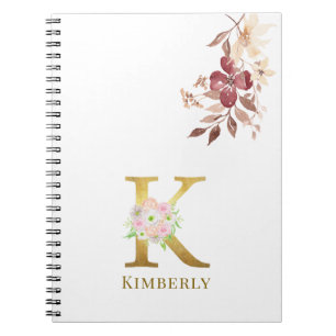 Caderno Espiral Letra floral e Dourada com aquarela K Monograma