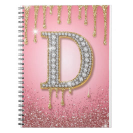 Caderno Espiral Letra Inicial Diamante D Ouro Rosa Presente Para M