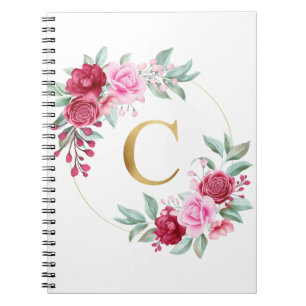Caderno Espiral Letra Inicial Monograma Floral Rosa e Vermelha C