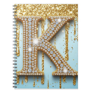 Caderno Espiral Letra K de Diamante de Luxo em Fundo de Brilho Dou