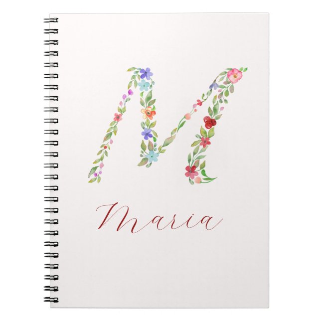 Caderno Espiral Letra M Monograma Floral Personalizado (Frente)