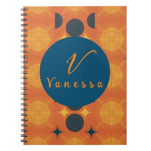 Caderno Espiral Letra Monográfica Laranja Boho Celestial Sun Moon (Frente)