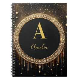 Caderno Espiral Letra Monograma Brilho Preto Nome Personalizado