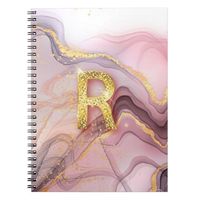 Caderno Espiral Letra R Girly Bonito RoseGold Glitter Marble Rosa  (Frente)