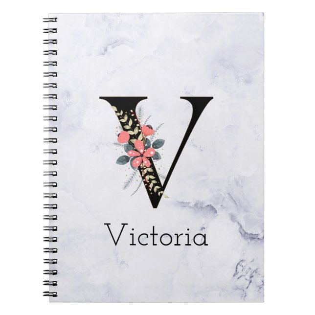 Caderno Espiral Letra "V" Boho Monograma Floral Mármore Branco (Frente)