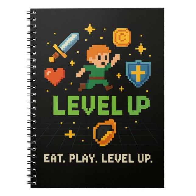 Caderno Espiral Level Up Gamer Notebook – Retro Pixel Gaming Style (Frente)