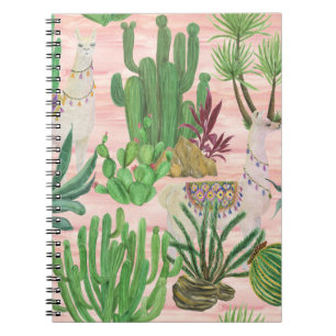 Caderno Espiral Lhamas e cactos em padrão de aquarela.