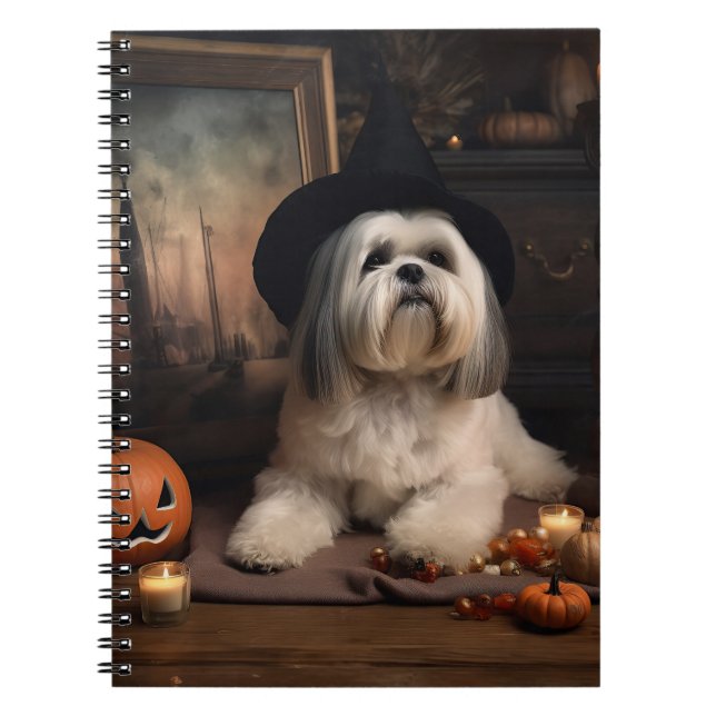 Caderno Espiral Lhasa Apso Abóboras Halloween Assustador (Frente)
