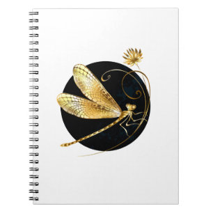 Caderno Espiral libélula ouro em círculo preto