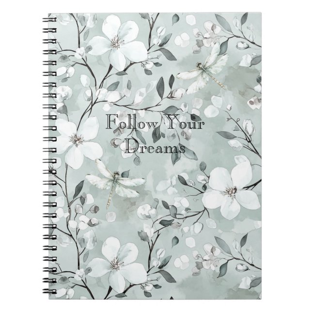 Caderno Espiral Libélulas Florais Brancas Azuis (Frente)