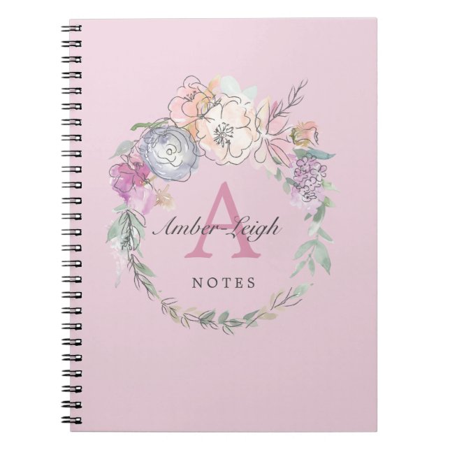 Caderno Espiral Lilac Monograma Pastel Floral Art Wreath (Frente)