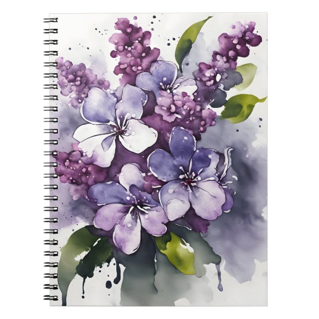 Caderno Espiral Lilás - Flores de aquarela (Frente)