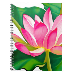Caderno Espiral Lily de Água Rosa Grande com Folhas Verde Esmerald