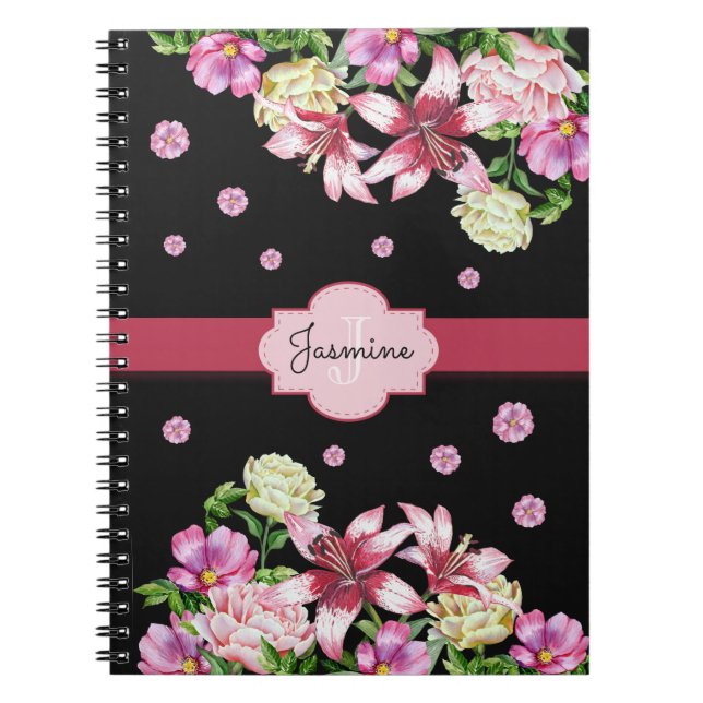 Caderno Espiral Lily e Peony Floral Black (Frente)