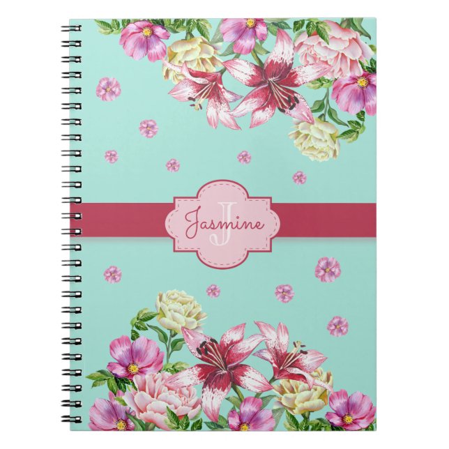 Caderno Espiral Lily & Peony Floral Aqua (Frente)