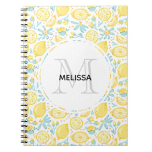 Caderno Espiral Limões Amarelos e Pastel Azul Flores Monograma Nom