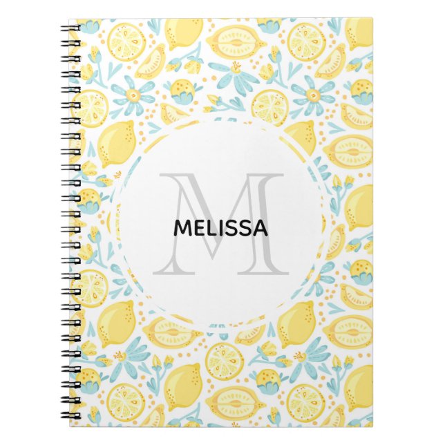 Caderno Espiral Limões Amarelos e Pastel Azul Flores Monograma Nom (Frente)