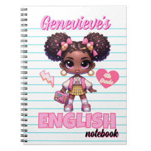 Caderno Espiral Linda Afro Puff Rosa e Amarelo Garota Escolar Chic