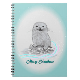 Caderno Espiral Linda Bebê de Lontra Marinha Branca, Feliz Natal