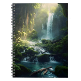 Caderno Espiral Linda Cascata Mágica Realista da Floresta