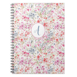 Caderno Espiral Linda flor selvagem Padrão de Aquarela Monograma