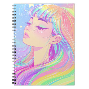 Caderno Espiral linda garota brilhante com cabelo arco-íris do c