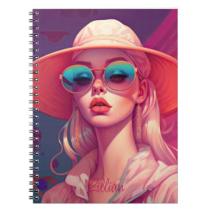 Caderno Espiral Linda garota com óculos de sol e chapéu