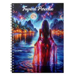 Caderno Espiral Linda garota observando a água noturna brilhante