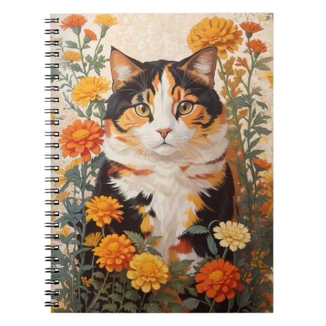 Caderno Espiral Linda Gato Calico Com Flores Marigold (Frente)